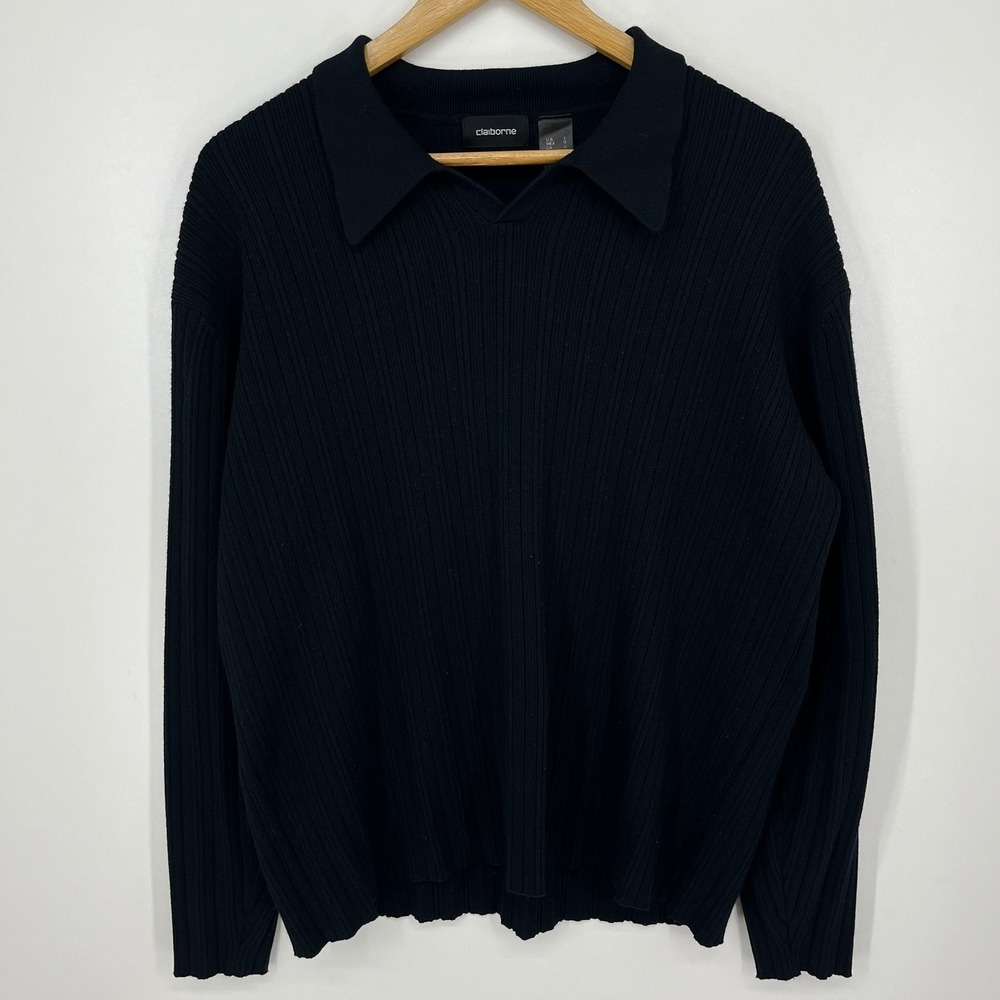 Claiborne Womens Ribbed Polo Collar V-Neck Long Sleeve Sweater Black Large